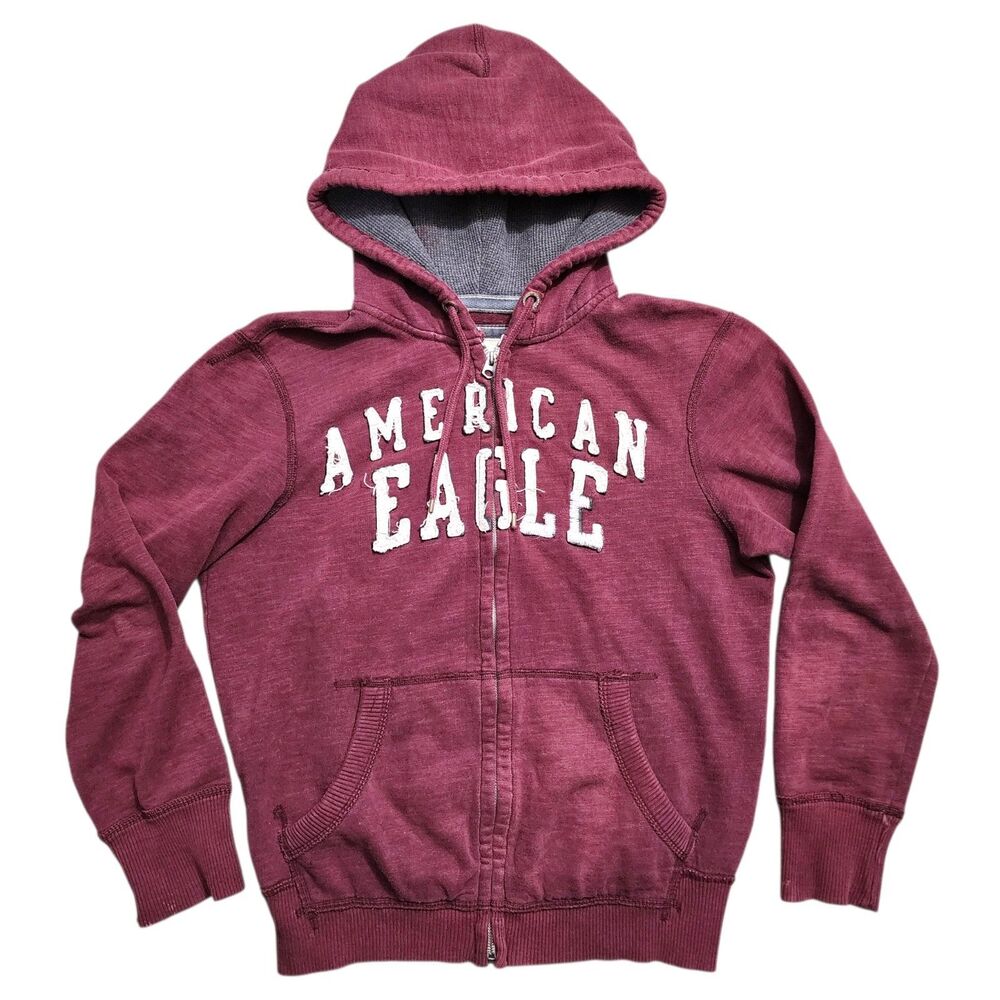 AMERICAN EAGLE Sweater Mens Medium Red Full Zip Fleece Spell Out Hoodie Y2K 00s